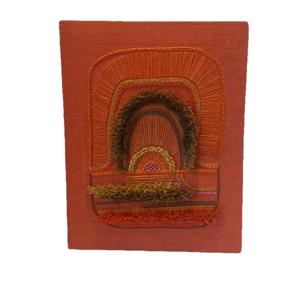 MCM Vintage 1970s Orange Yarn Fiber Embroidery Hand Woven Boho 14x18”